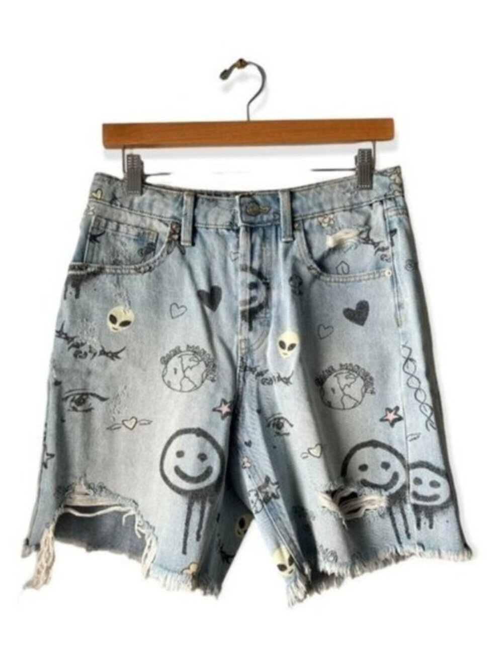 NEW Wild Fable High Rise Bermuda Denim Ufo Doodle Shorts